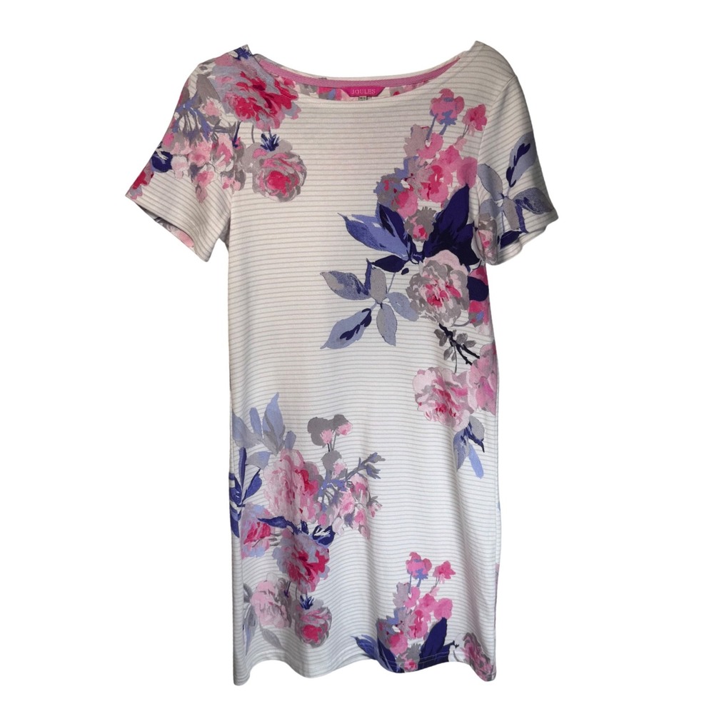 Joules Riviera Short Sleeve Dress 8 Pink Floral Striped White 100% Cotton Mini